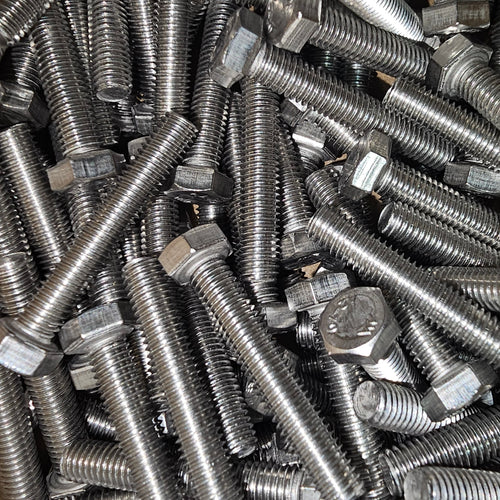 Set of 304 stainless steel set screws from Bolt Direct, showing shiny, threaded fasteners with hex drive heads on a clean background.