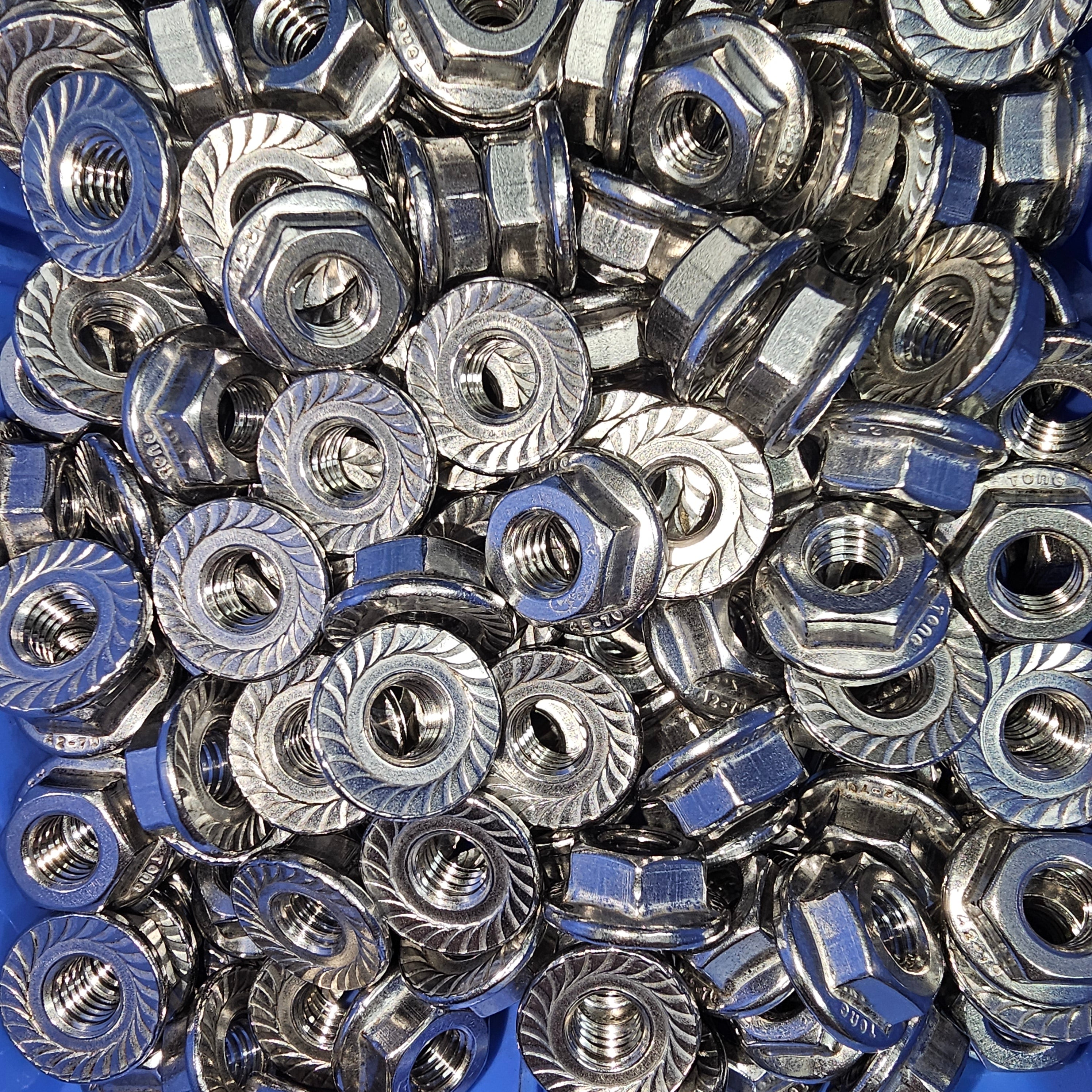 304 stainless flange nuts by Bolt Direct, showing close-up of durable, corrosion-resistant fasteners with threaded interior.