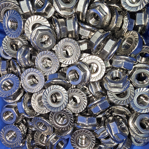 304 stainless flange nuts by Bolt Direct, showing close-up of durable, corrosion-resistant fasteners with threaded interior.