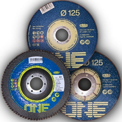 Silver 125mm discs from Bolt Direct, showing a stack of metal grinding or cutting discs for power tools.