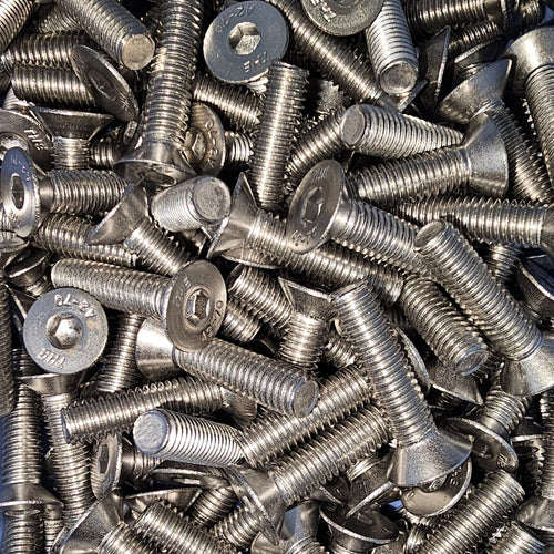 Stainless steel A2-70 countersunk socket screw from Bolt Direct, showing the screw's head and threaded body on a white background.