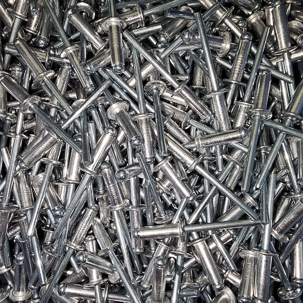 Aluminium and steel rivets from Bolt Direct, showing close-up of shiny rivet heads and metal shafts for industrial fastening.