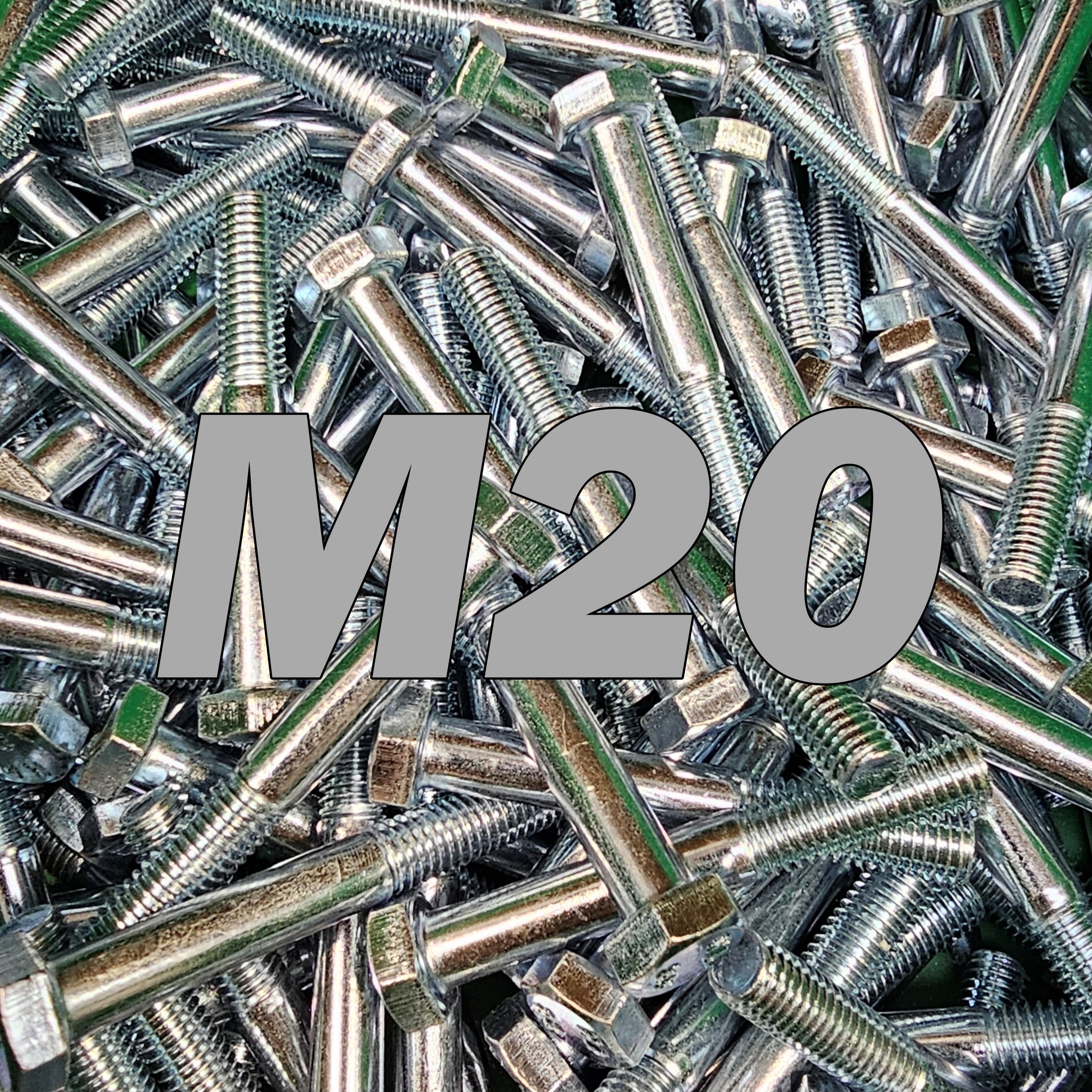 M20 Grade 8.8 Zinc bolts from Bolt Direct showing shiny zinc finish and threaded shank for heavy-duty fastening applications.